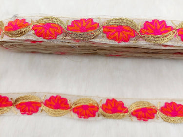 Off White Tissue Fabric Trim In Floral Embroidery, Gold Lace Trim By 9 Yards Indian Decorative Trim, Ribbon